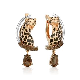 Zelta auskari "Leopards" ar dūmaino kvarcu un emalju