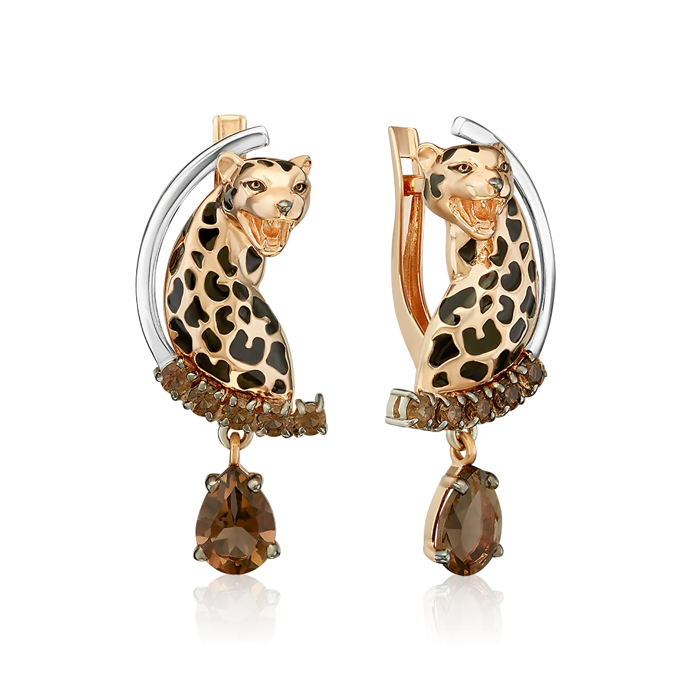 Zelta auskari "Leopards" ar dūmaino kvarcu un emalju