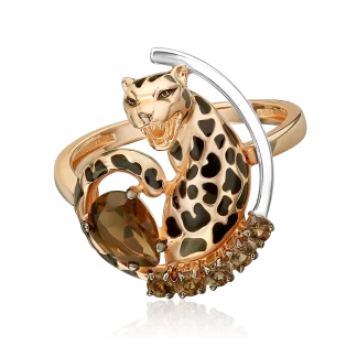 Zelta gredzens "Leopards" ar dūmaino kvarcu un emalju