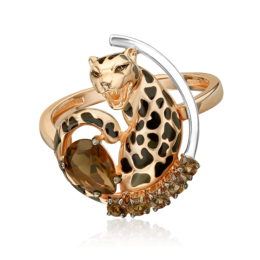 Zelta gredzens "Leopards" ar dūmaino kvarcu un emalju